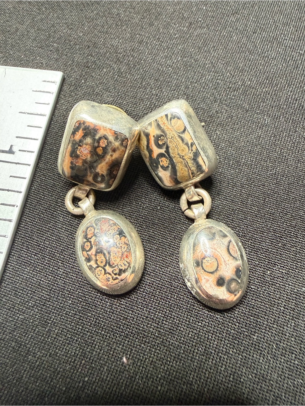 Vintage Mine Sterling Silver 925 Dangle Drop Earrings Patterned Stone
